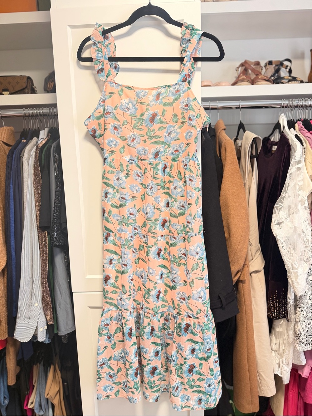 Peach Floral Tie-Shoulder Midi Dress